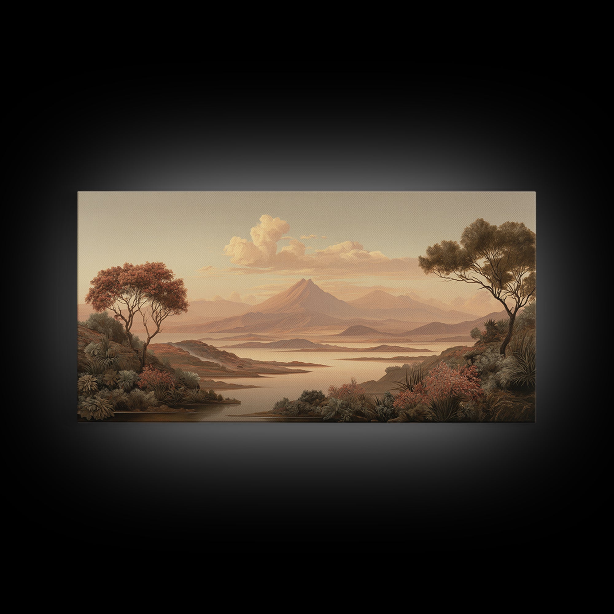 Island Volcano with Lush Foreground Framed Canvas Print, Tropical Art, Print, Living Room Decor, Tropic, Coastal Wall Art, TRO-2x1-13