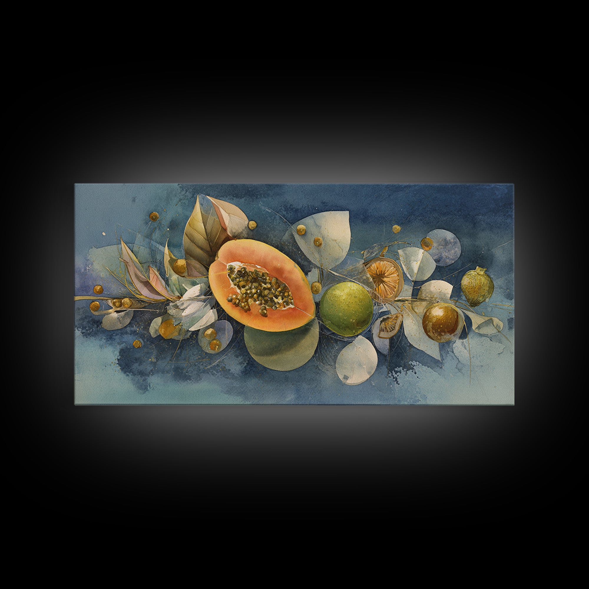 Bright Papaya and Lime Still Life Framed Canvas Print, Tropical Art, Statement Artwork, Living Room Decor, Fine Art, Tropic, TRO-2x1-20