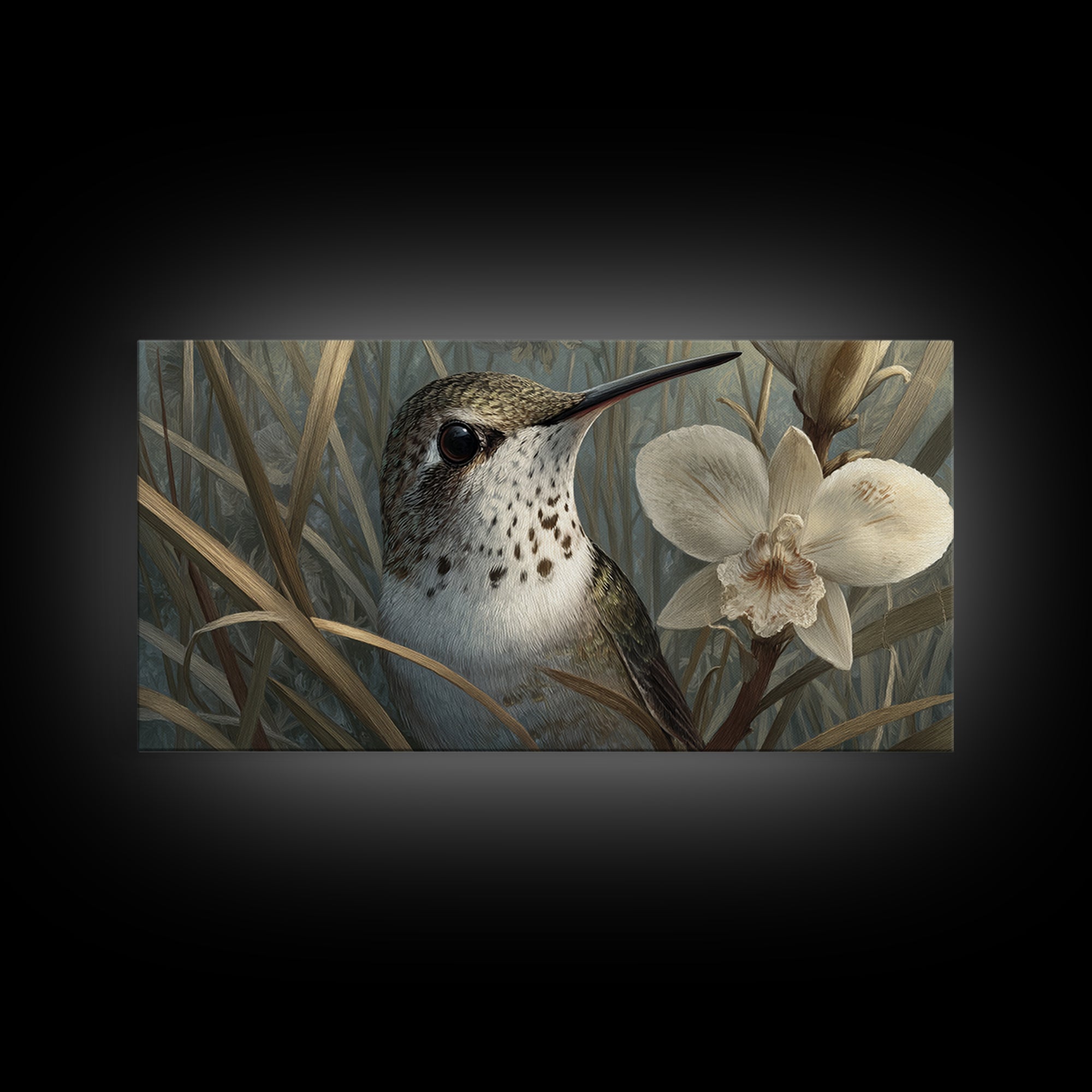 Orchid and Hummingbird Composition Framed Canvas Print, Tropical Art, Minimalist Decor, Living Room Decor, Fine Art, Tropic, TRO-2x1-30