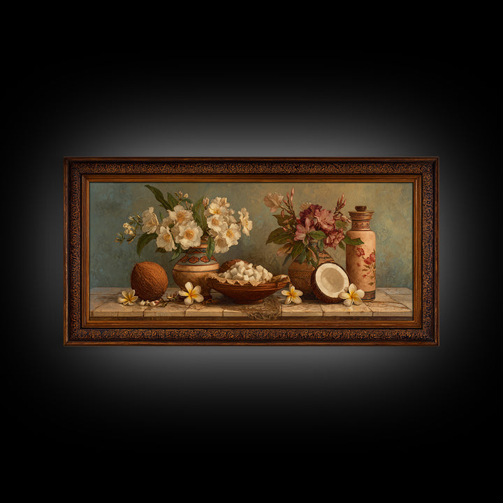 Coconut and Plumeria Still Life Canvas Print, Tropical Art, Wall Art, Living Room Decor, Oil Painting, Tropic, Pink Wall Art, TRO-2x1-32
