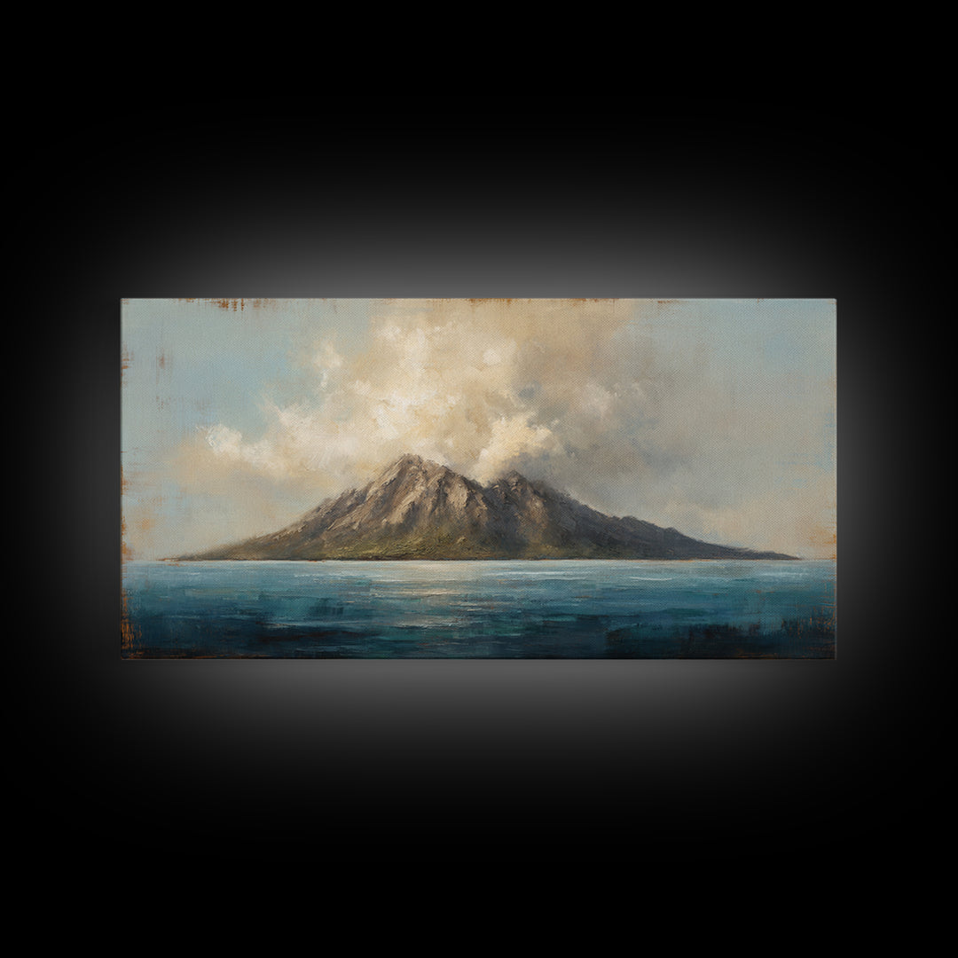 Island Volcano with Lush Foreground Framed Canvas Print, Tropical Art, Print, Living Room Decor, Tropic, Coastal Wall Art, TRO-2x1-37