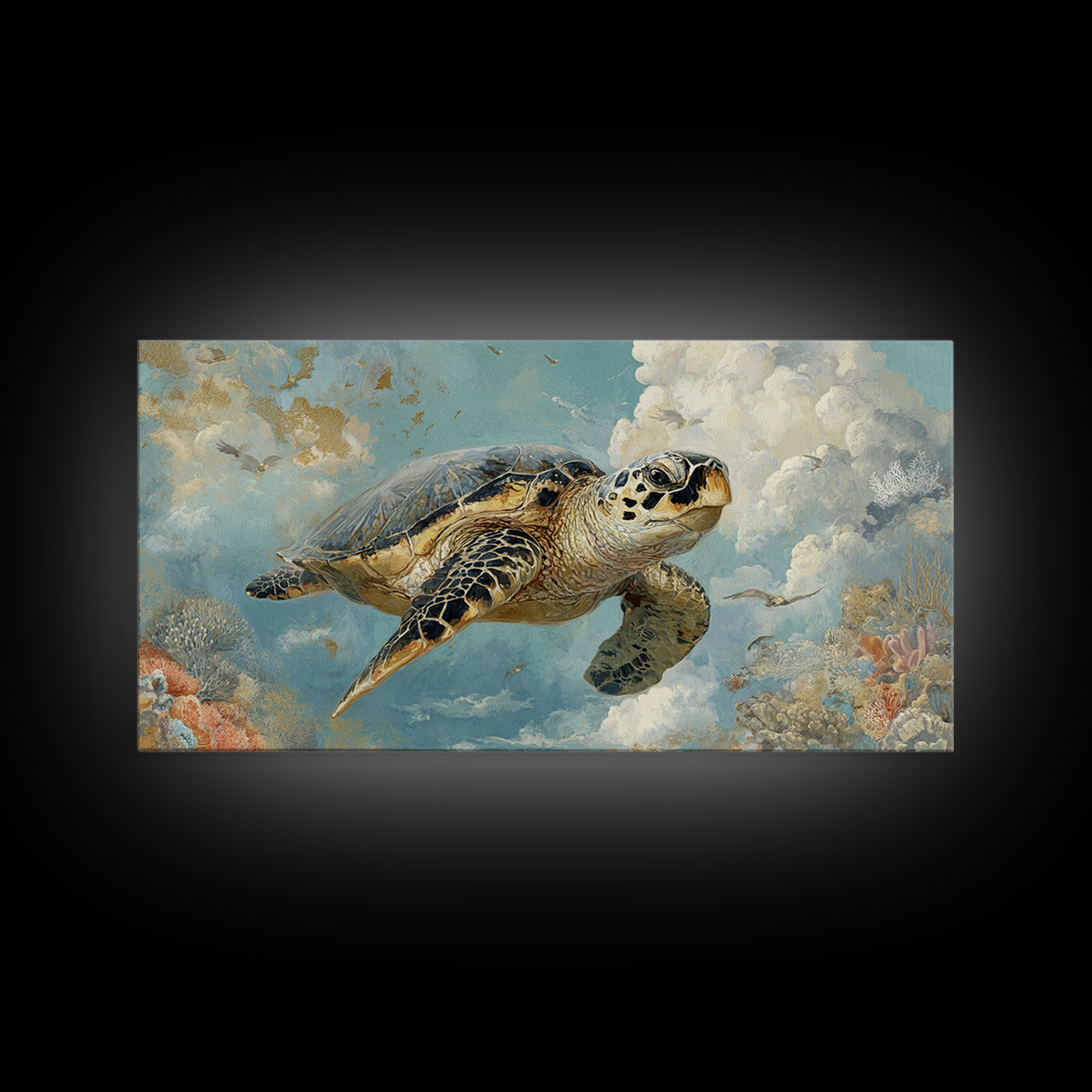 Sea Turtle Near Tropical Reef Canvas Print, Tropical Art, Digital Art, Living Room Decor, Oil Painting, Tropic, Watercolor Art, TRO-2x1-39
