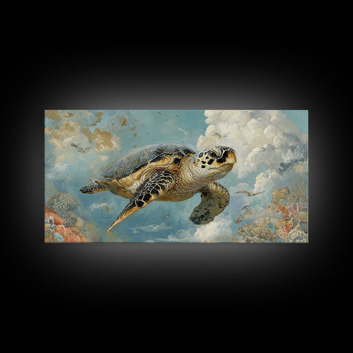 Sea Turtle Near Tropical Reef Canvas Print, Tropical Art, Digital Art, Living Room Decor, Oil Painting, Tropic, Watercolor Art, TRO-2x1-39