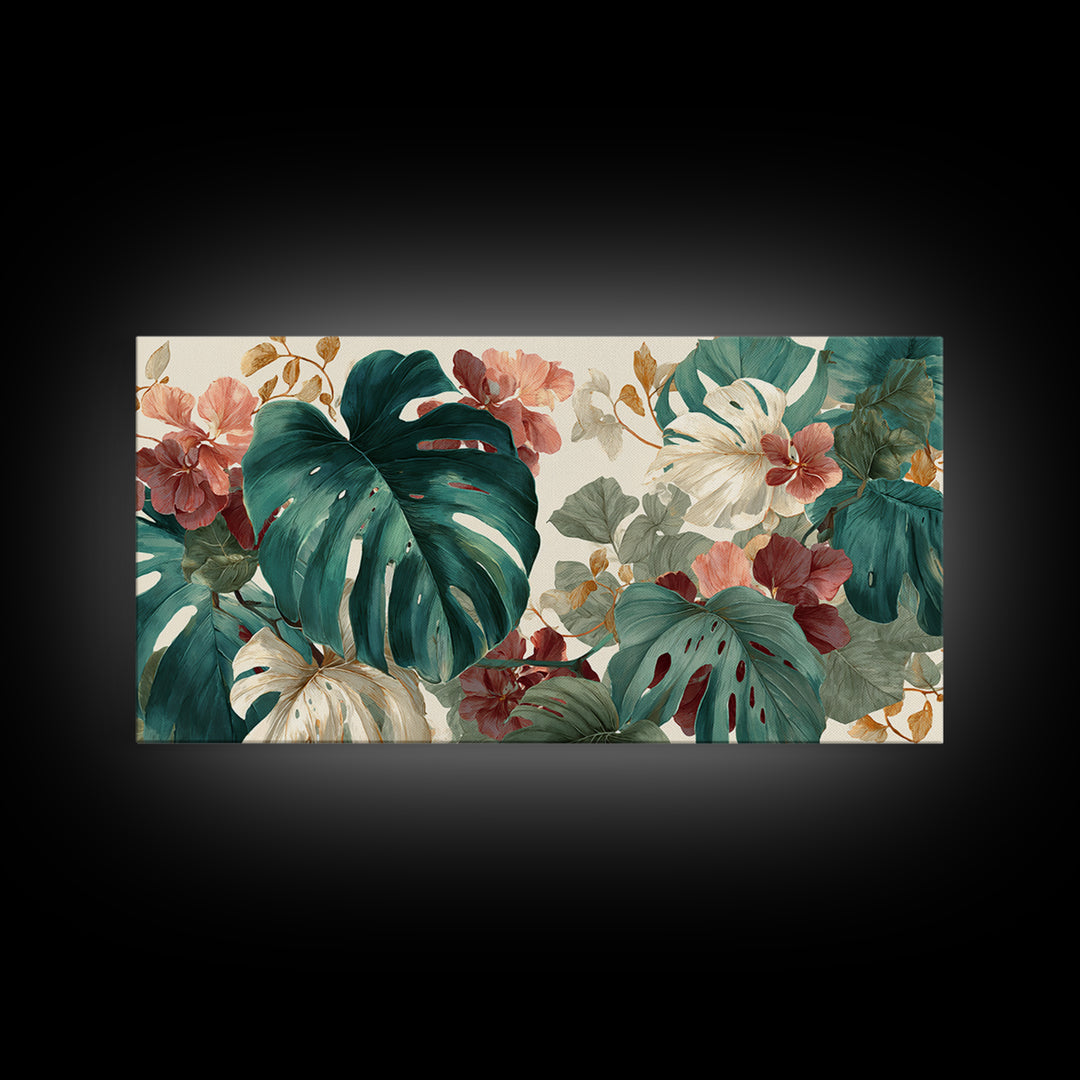 Lush Monstera Leaves Framed Canvas Print, Tropical Art, Pink Wall Art, Living Room Decor, Fine Art, Tropic, Coastal Art, TRO-2x1-45