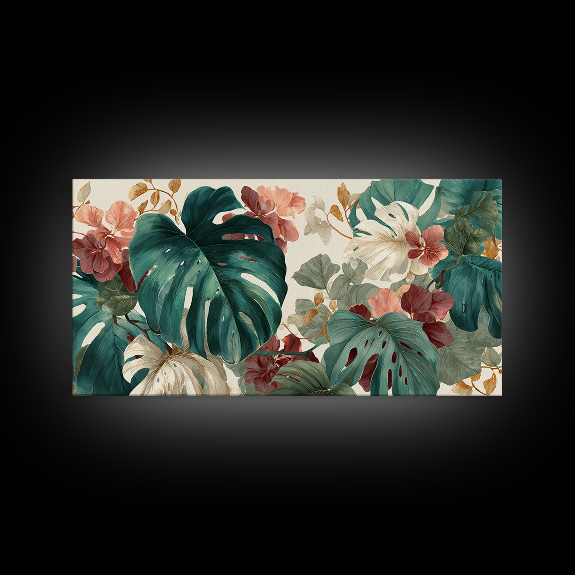 Lush Monstera Leaves Framed Canvas Print, Tropical Art, Pink Wall Art, Living Room Decor, Fine Art, Tropic, Coastal Art, TRO-2x1-45