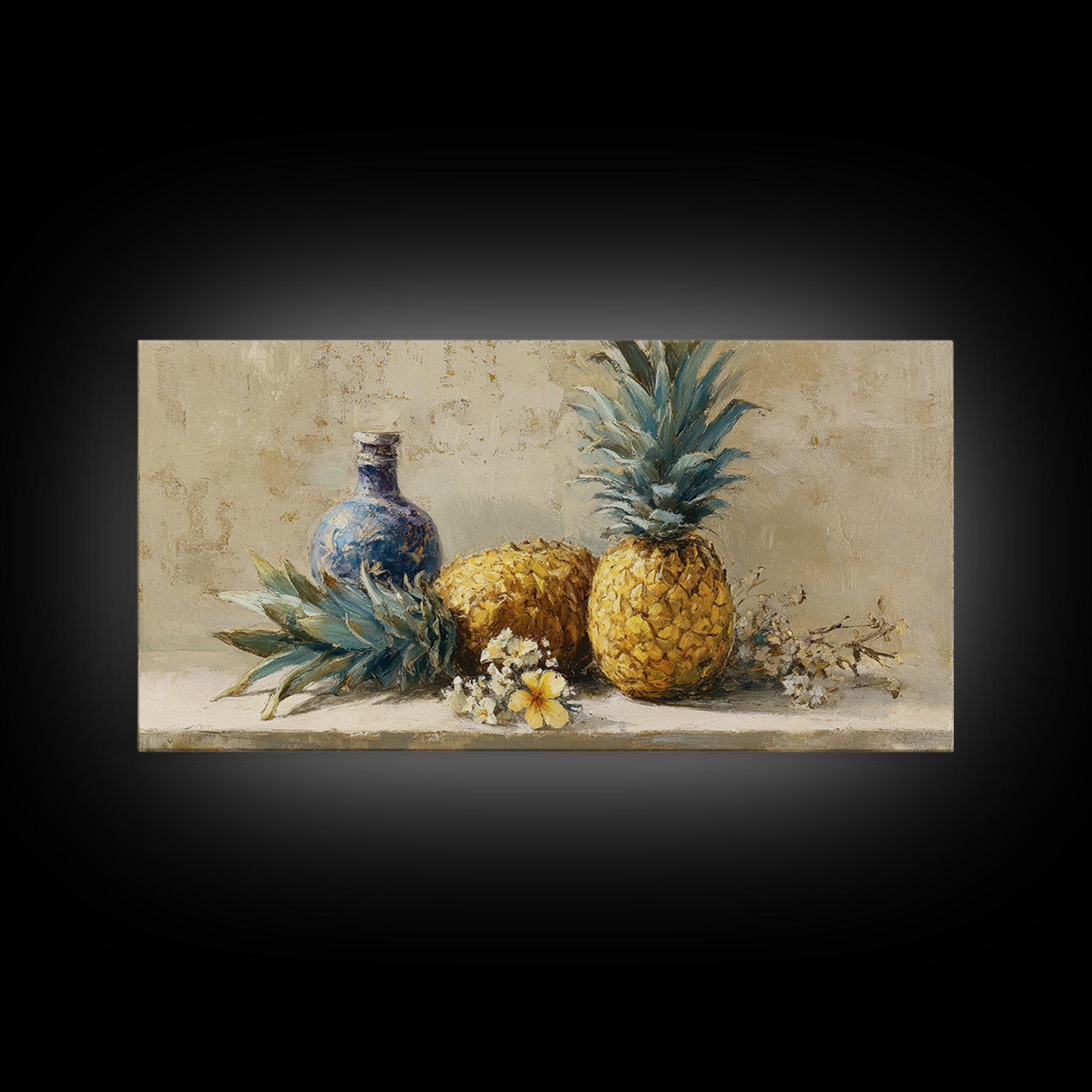 Pineapple and Palm Still Life Framed Canvas Print, Tropical Art, Decor, Living Room Decor, Fine Art, Tropic, Bird Art, TRO-2x1-50