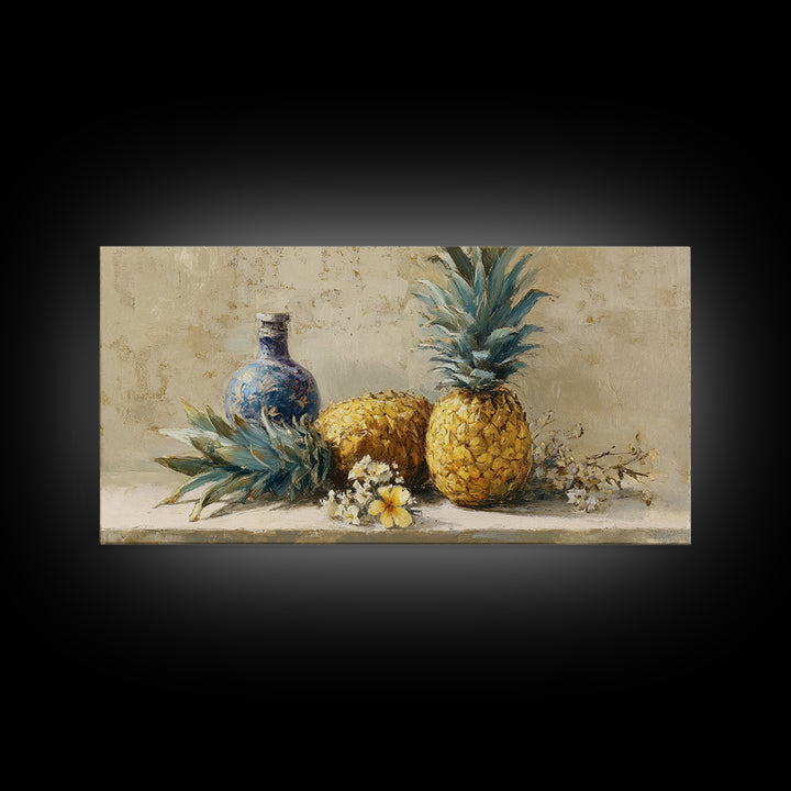 Pineapple and Palm Still Life Framed Canvas Print, Tropical Art, Decor, Living Room Decor, Fine Art, Tropic, Bird Art, TRO-2x1-50