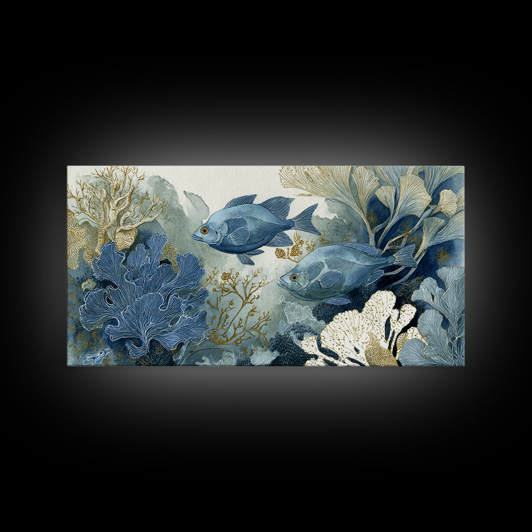 Tropical Fish over Coral Reef Framed Canvas Print, Tropical Art, Set of 3 Prints, Living Room Decor, Fine Art, Tropic, TRO-2x1-55