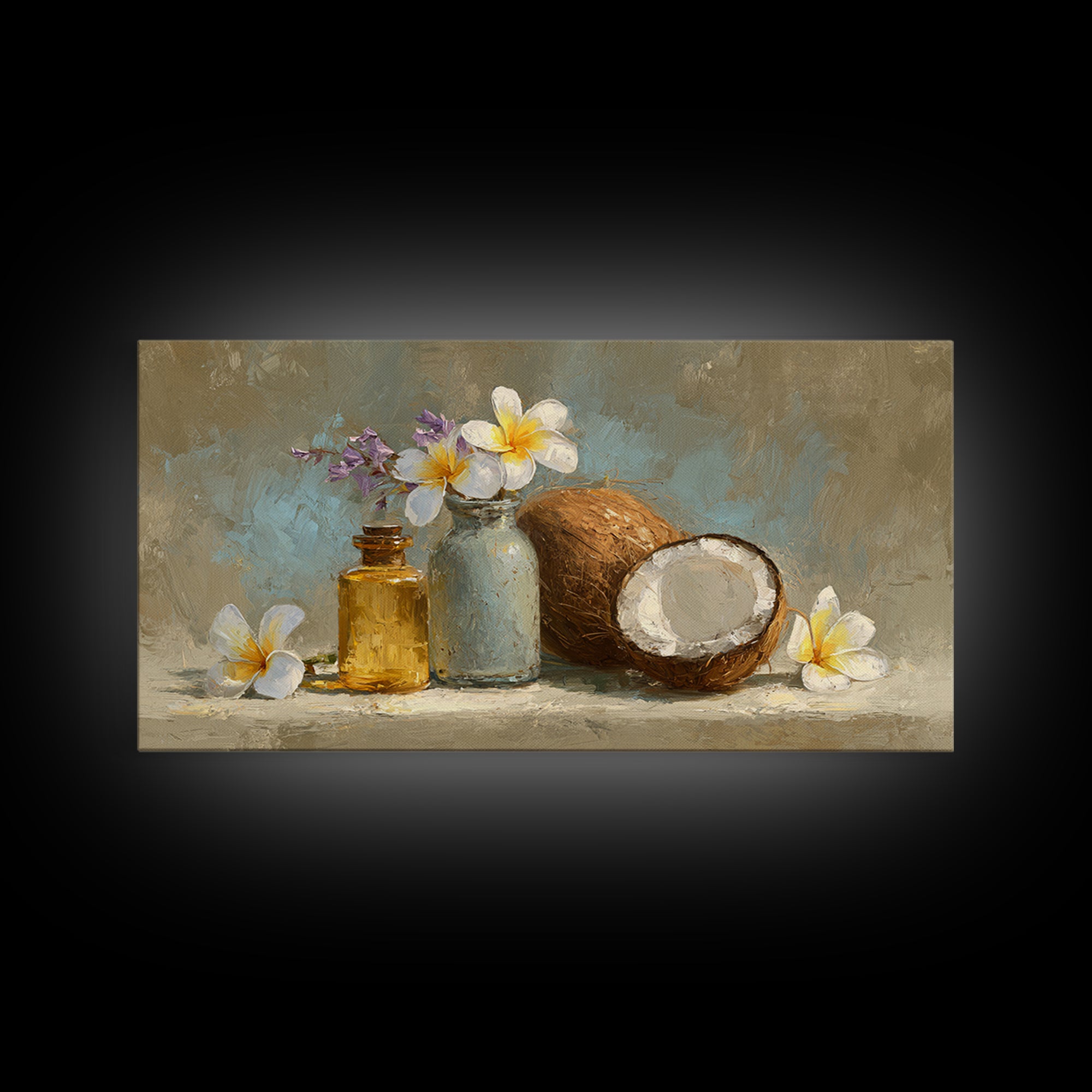 Coconut and Plumeria Still Life Framed Canvas Print, Tropical Art, Art Print, Living Room Decor, Tropic, Abstract Painting, TRO-2x1-56