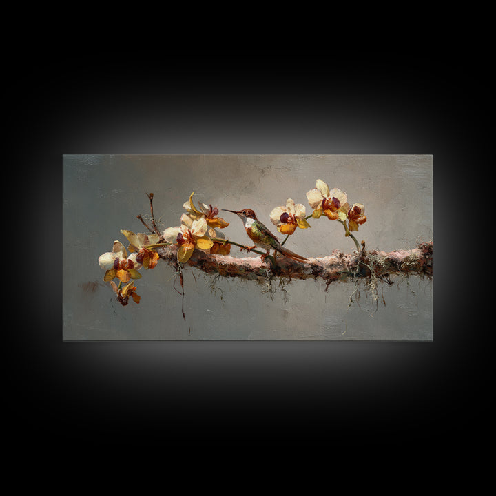 Orchid and Hummingbird Composition Framed Canvas Print, Tropical Art, Minimalist Decor, Living Room Decor, Fine Art, Tropic, TRO-2x1-6
