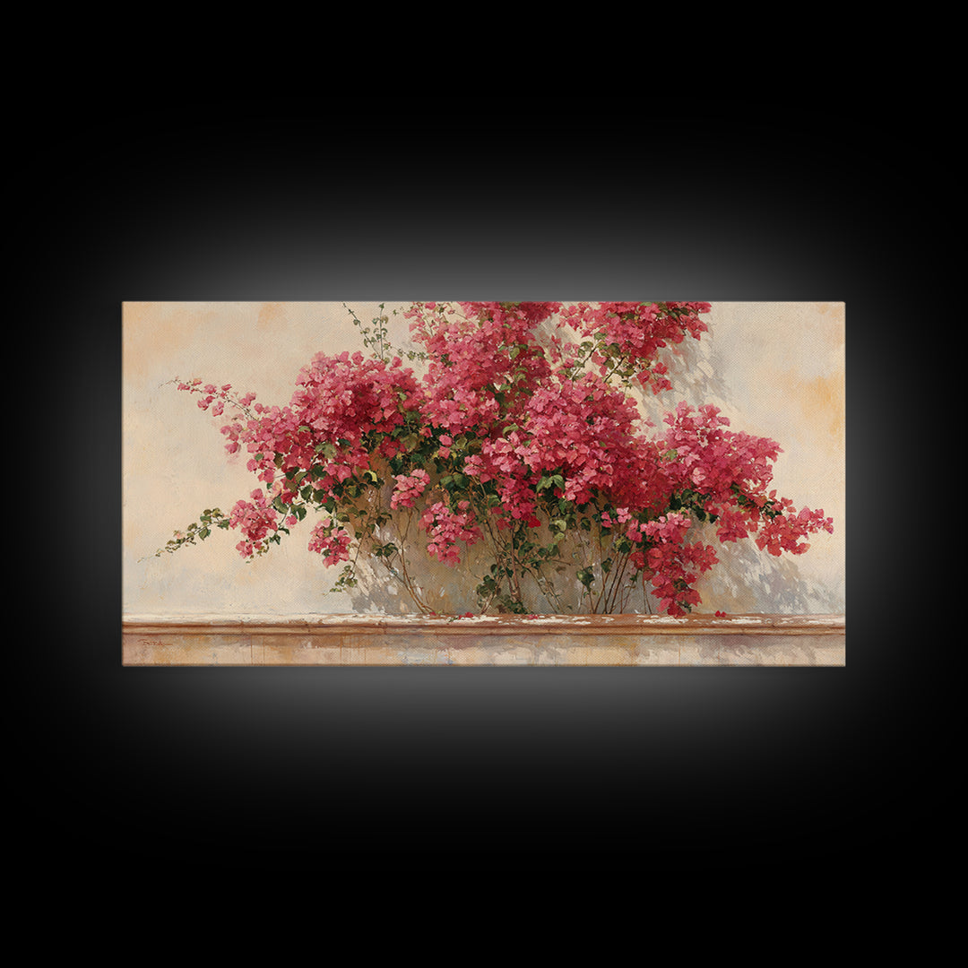 Pink Bougainvillea over White Wall Framed Canvas Print, Tropical Art, Digital Art, Living Room Decor, Oil Painting, Tropic, TRO-2x1-60