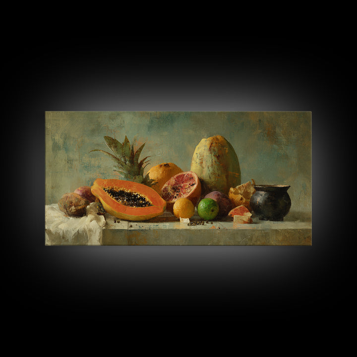 Bright Papaya and Lime Still Life Canvas Print, Tropical Art, Printable Wall Art, Living Room Decor, Watercolor Art, Tropic, TRO-2x1-68