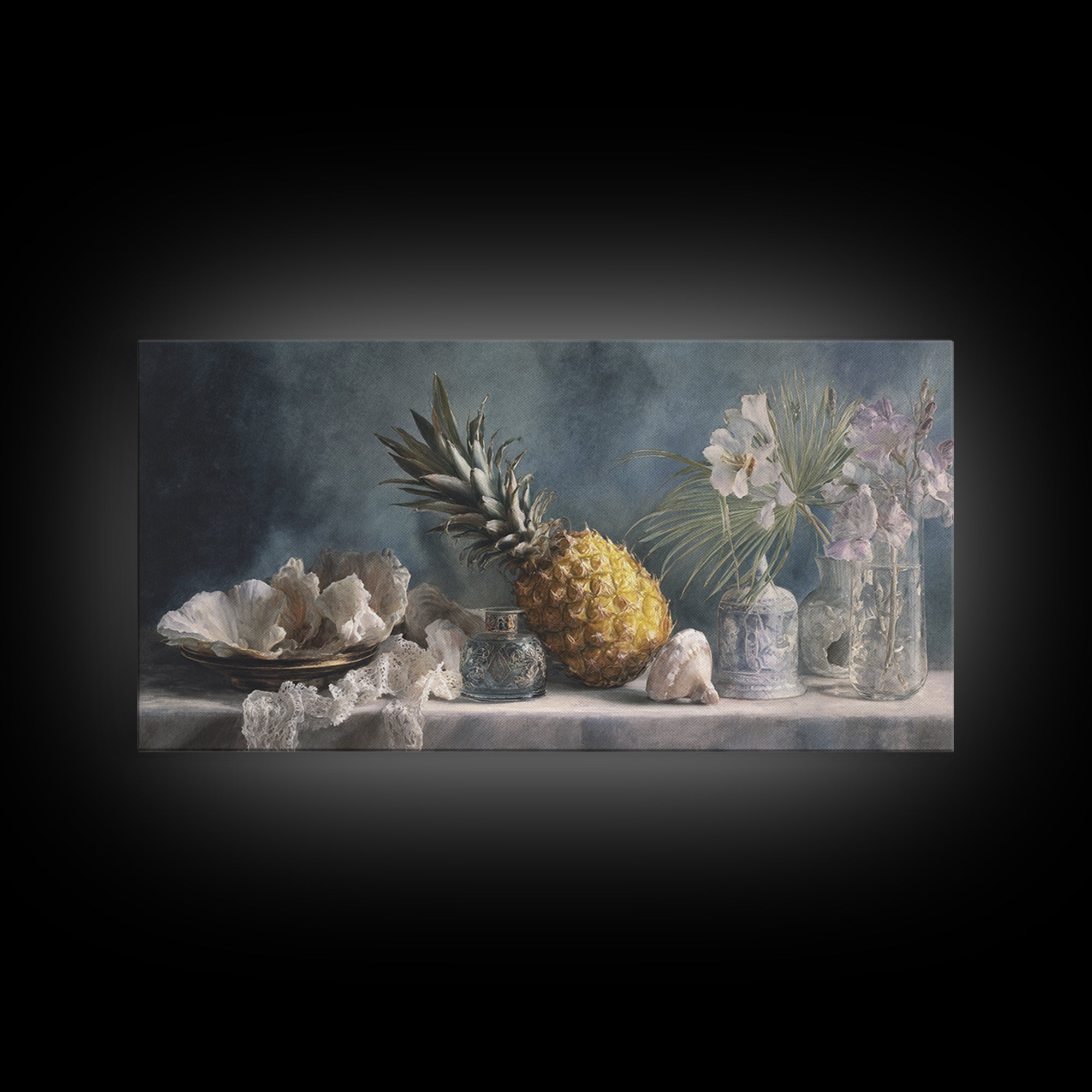 Pineapple and Palm Still Life Canvas Print, Tropical Art, Printable Wall Art, Living Room Decor, Watercolor Art, Tropic, TRO-2x1-74