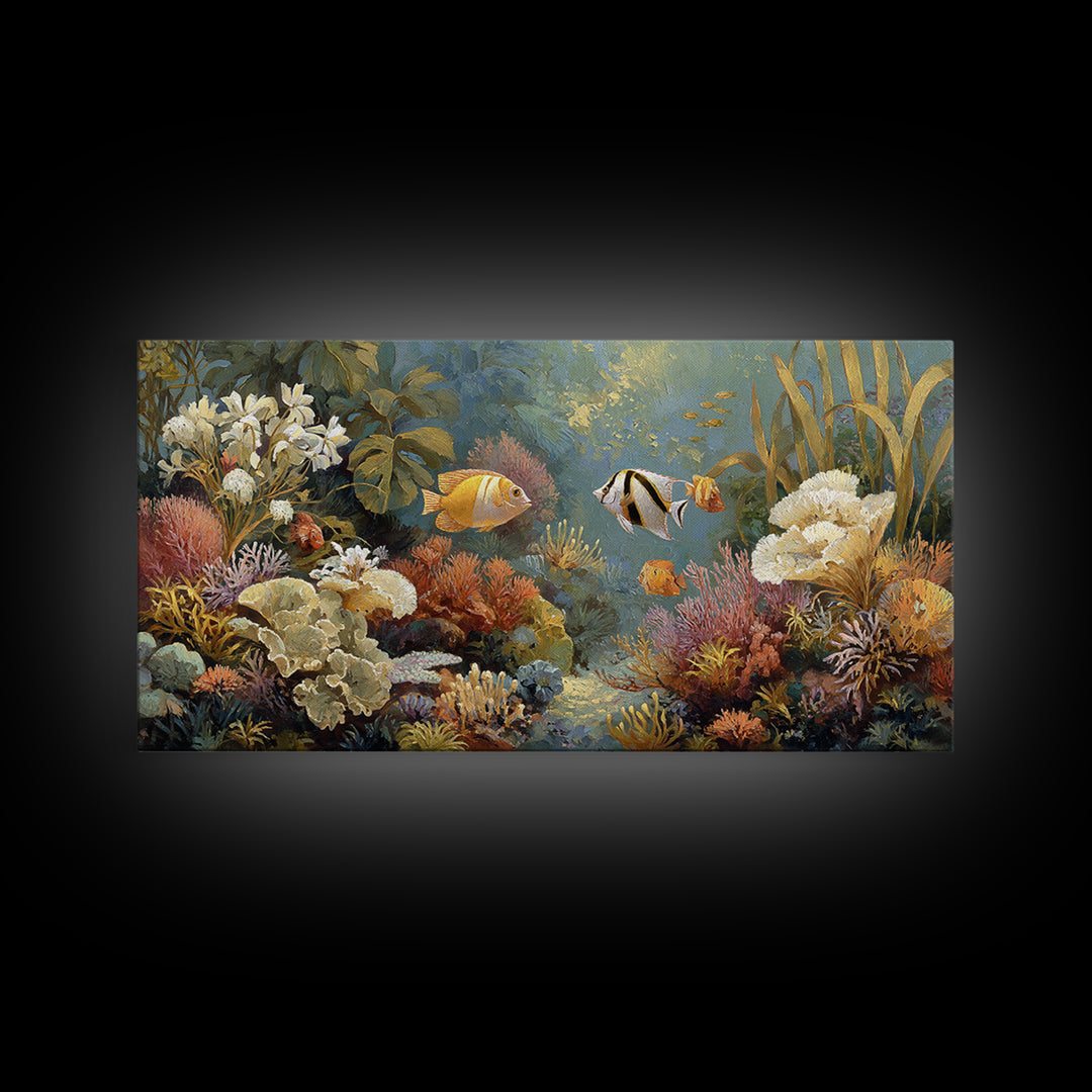 Tropical Fish over Coral Reef Framed Canvas Print, Tropical Art, Whimsical Art, Living Room Decor, Fine Art, Tropic, TRO-2x1-79