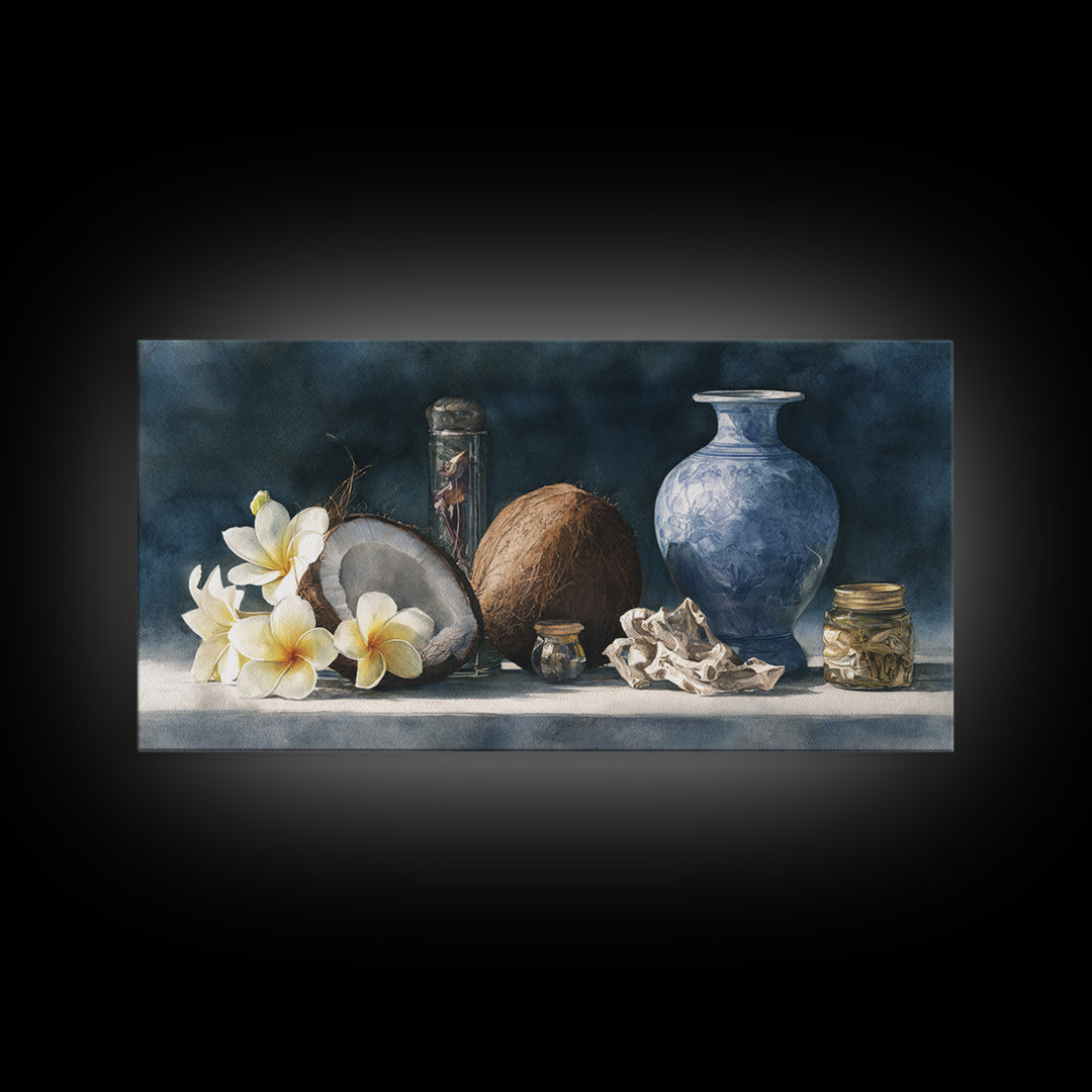 Coconut and Plumeria Still Life Framed Canvas Print, Tropical Art, Coastal Wall Art, Living Room Decor, Fine Art, Tropic, TRO-2x1-80