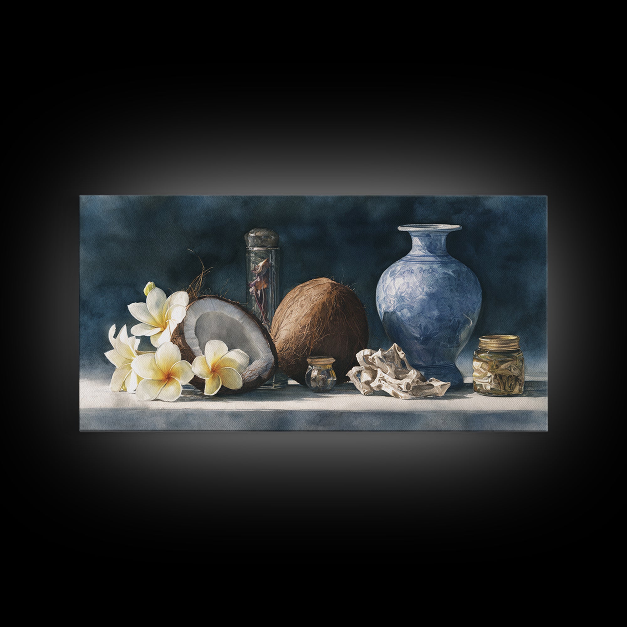 Coconut and Plumeria Still Life Framed Canvas Print, Tropical Art, Coastal Wall Art, Living Room Decor, Fine Art, Tropic, TRO-2x1-80