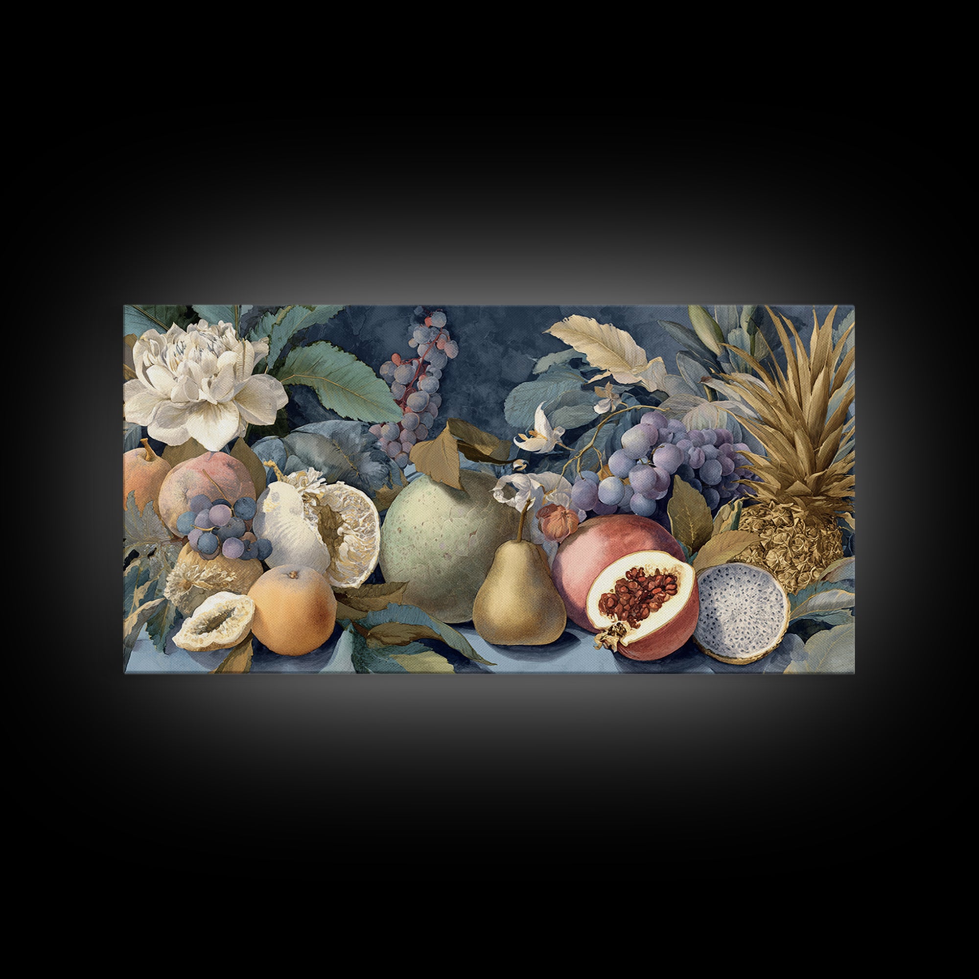 Tropical Fruit Market Arrangement Framed Canvas Print, Tropical Art, Decor, Living Room Decor, Fine Art, Tropic, Bird Art, TRO-2x1-83