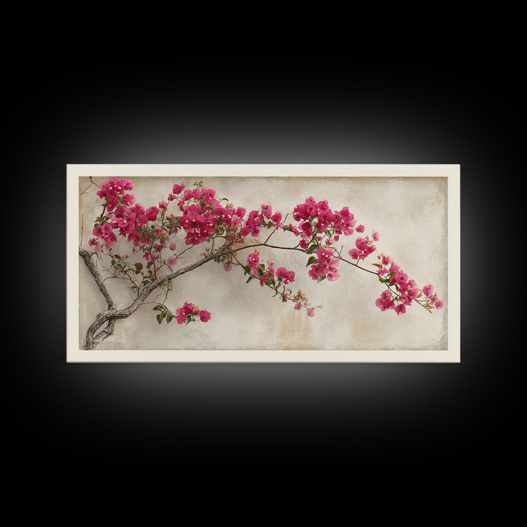 Pink Bougainvillea over White Wall Framed Canvas Print, Tropical Art, Abstract Painting, Living Room Decor, Fine Art, Tropic, TRO-2x1-84