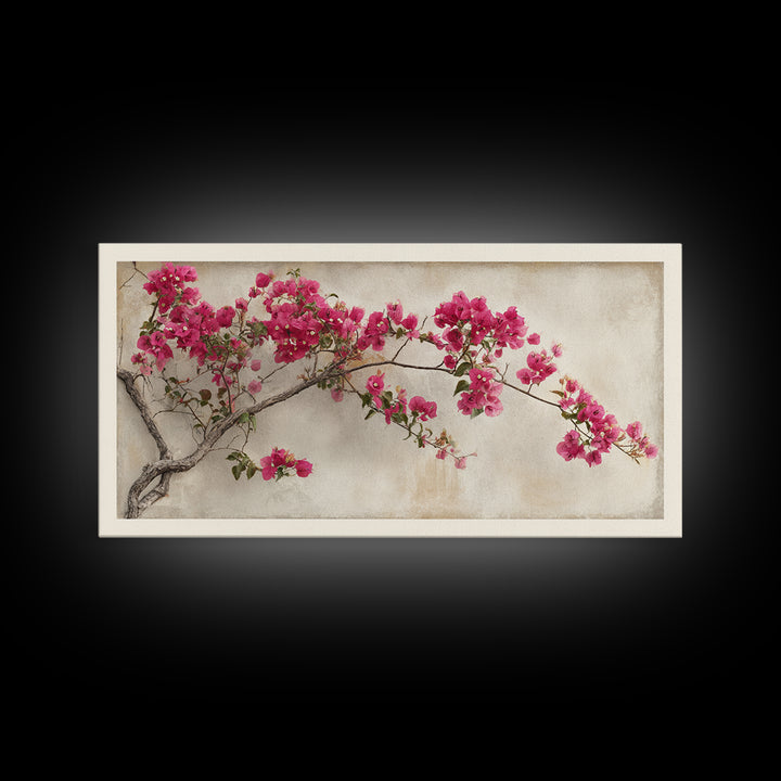 Pink Bougainvillea over White Wall Framed Canvas Print, Tropical Art, Abstract Painting, Living Room Decor, Fine Art, Tropic, TRO-2x1-84