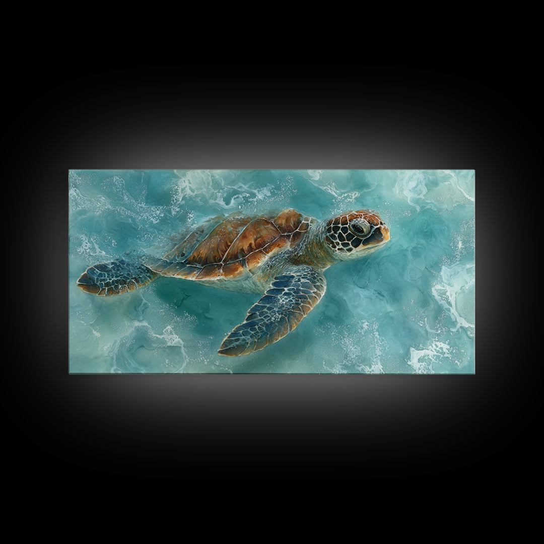 Sea Turtle Near Tropical Reef Framed Canvas Print, Tropical Art, Trendy Wall Art, Living Room Decor, Fine Art, Tropic, TRO-2x1-87