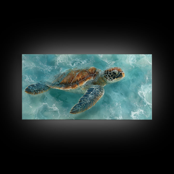Sea Turtle Near Tropical Reef Framed Canvas Print, Tropical Art, Trendy Wall Art, Living Room Decor, Fine Art, Tropic, TRO-2x1-87