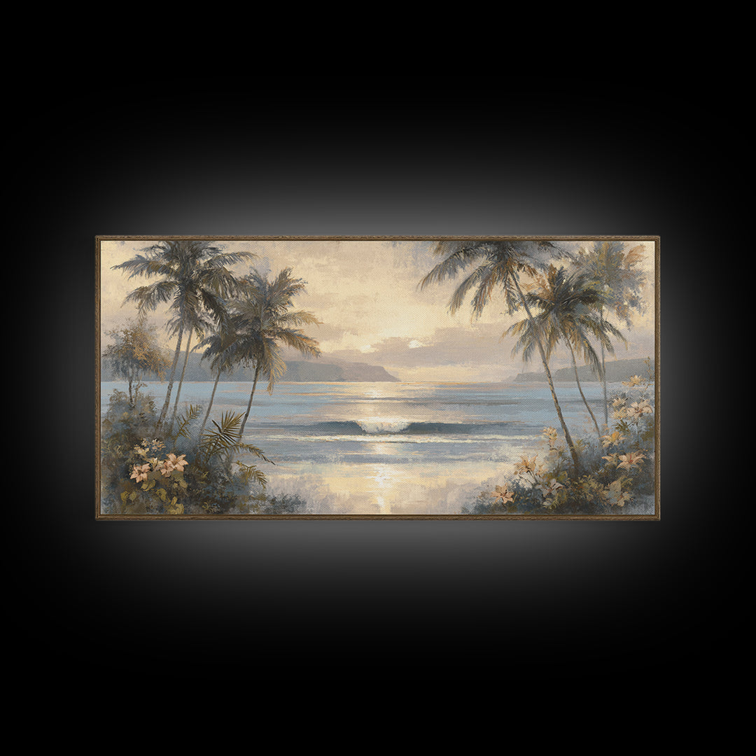 Sunset Surf Scene Framed Canvas Print, Tropical Art, Digital Art, Living Room Decor, Oil Painting, Tropic, Watercolor Art, TRO-2x1-90