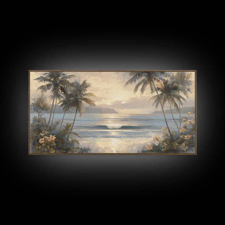 Sunset Surf Scene Framed Canvas Print, Tropical Art, Digital Art, Living Room Decor, Oil Painting, Tropic, Watercolor Art, TRO-2x1-90