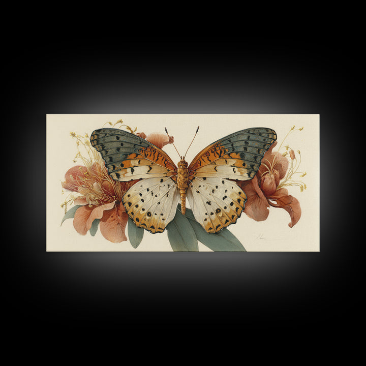 Tropical Butterfly and Flower Study Framed Canvas Print, Tropical Art, Digital Print, Living Room Decor, Fine Art, Tropic, TRO-2x1-91