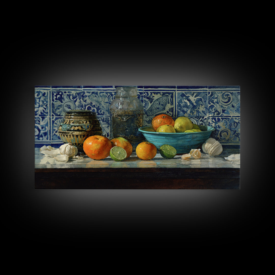 Bright Papaya and Lime Still Life Framed Canvas Print, Tropical Art, Watercolor Painting, Living Room Decor, Oil Painting, TRO-2x1-92