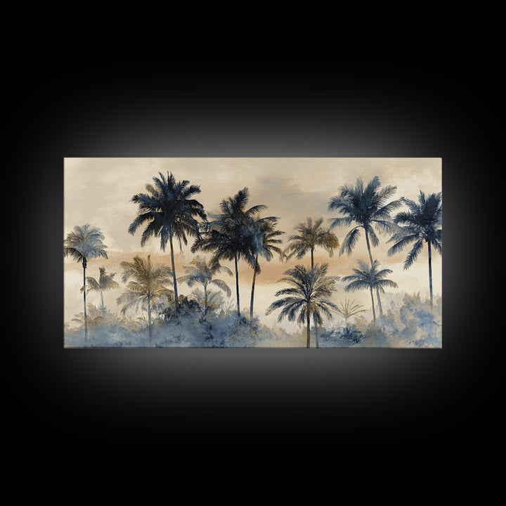 Palm Tree Silhouettes Framed Canvas Print, Tropical Art, Beach Decor, Living Room Decor, Oil Painting, Tropic, Fine Art Print, TRO-2x1-96