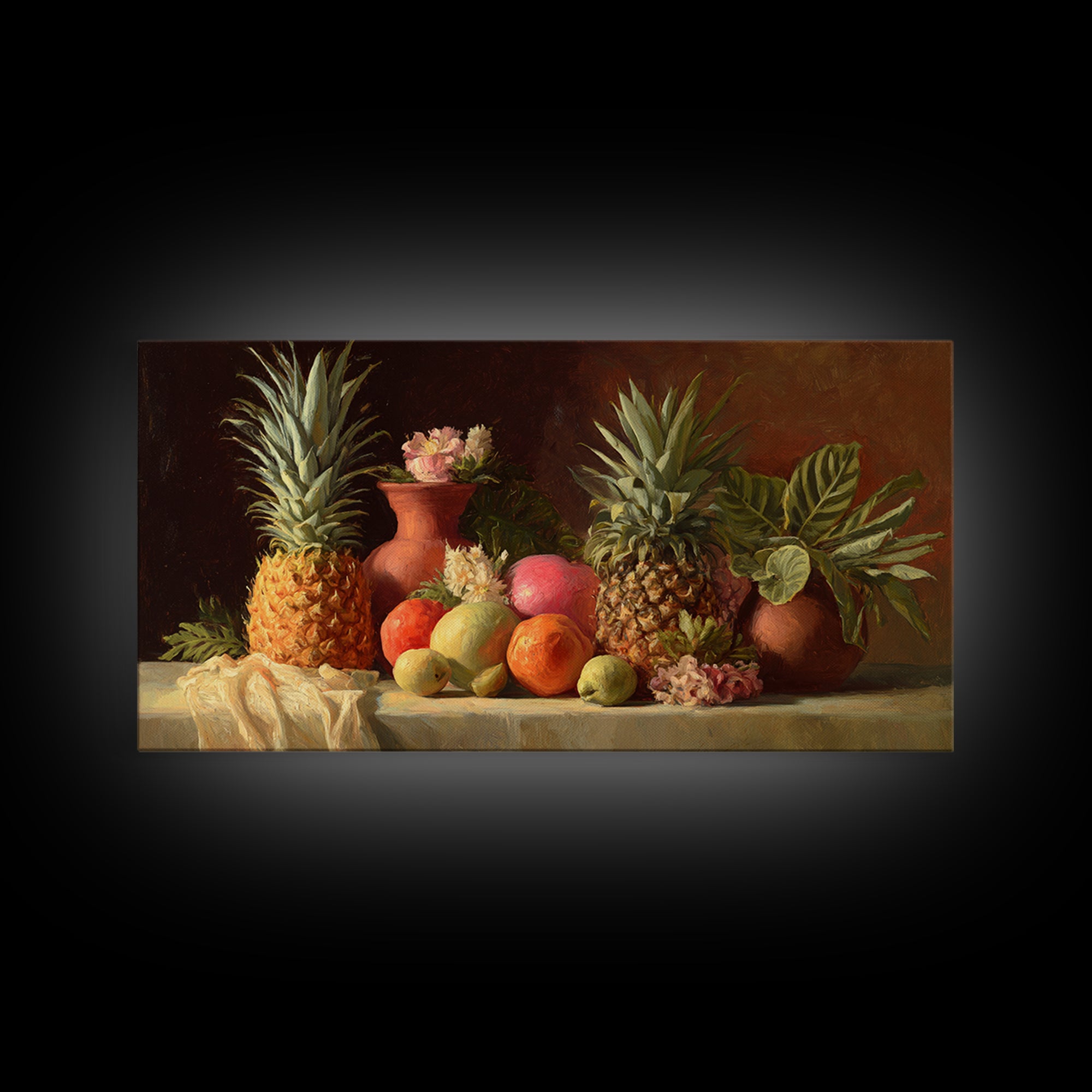Pineapple and Palm Still Life Canvas Print, Tropical Art, Printable Wall Art, Living Room Decor, Watercolor Art, Tropic, TRO-2x1-98