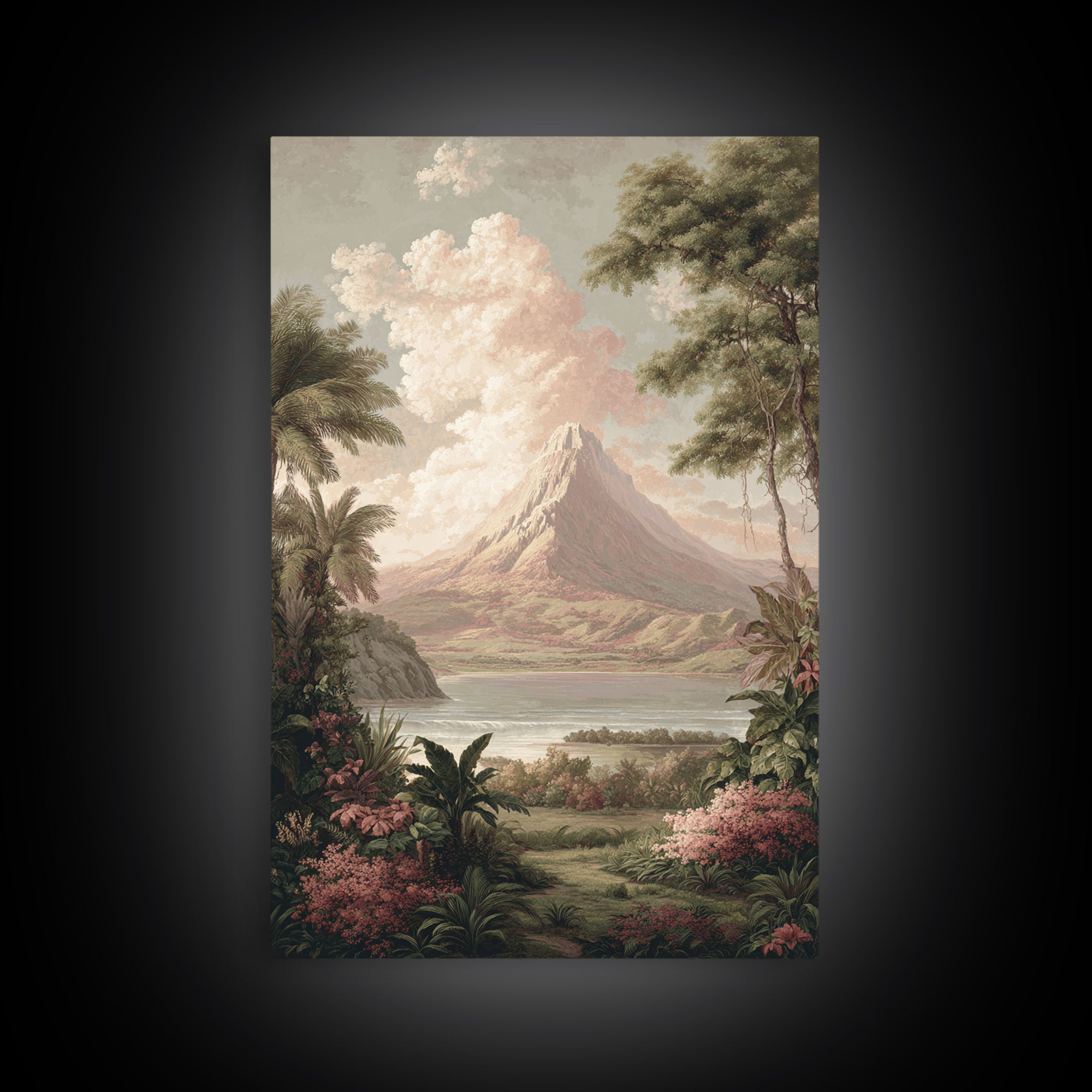 Island Volcano with Lush Foreground Framed Canvas Print, Tropical Art, Printable, Living Room Decor, Fine Art, Tropic, TRO-2x3-1