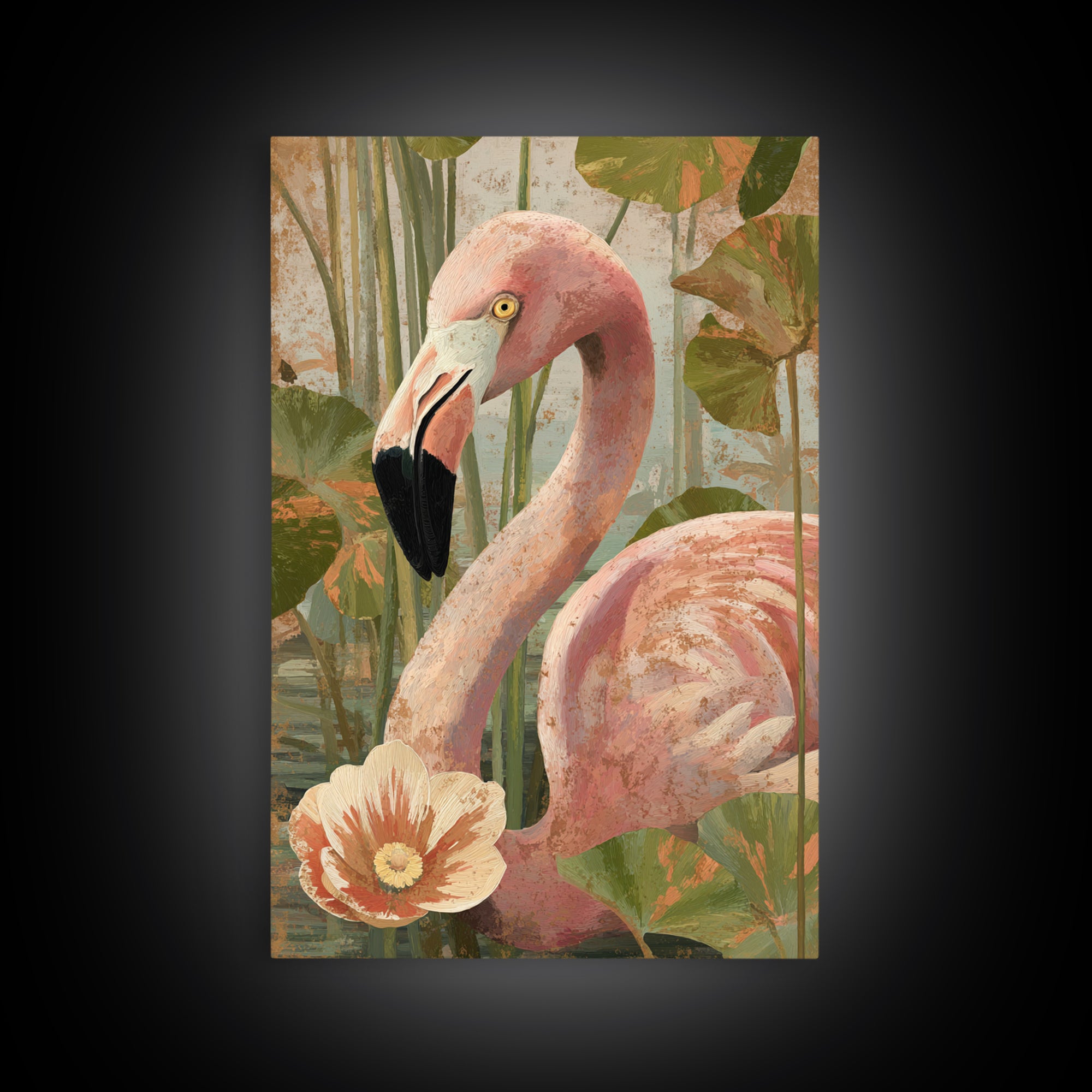 Pink Flamingos Among Tropical Water Plants Canvas Print, Tropical Art, Contemporary Art, Living Room Decor, Fine Art, Tropic, TRO-2x3-10