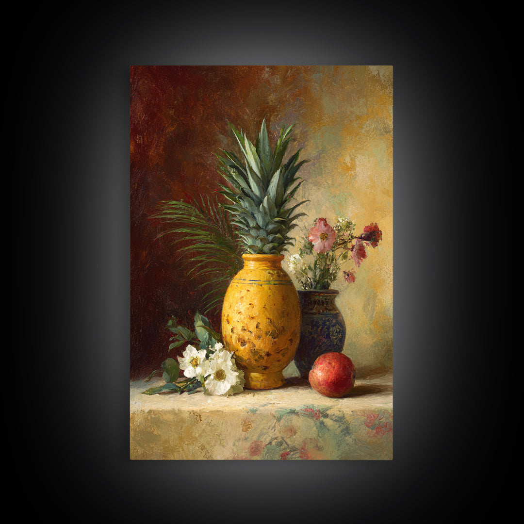 Pineapple and Palm Still Life Canvas Print, Tropical Art, Wall Art, Living Room Decor, Oil Painting, Tropic, Pink Wall Art, TRO-2x3-14