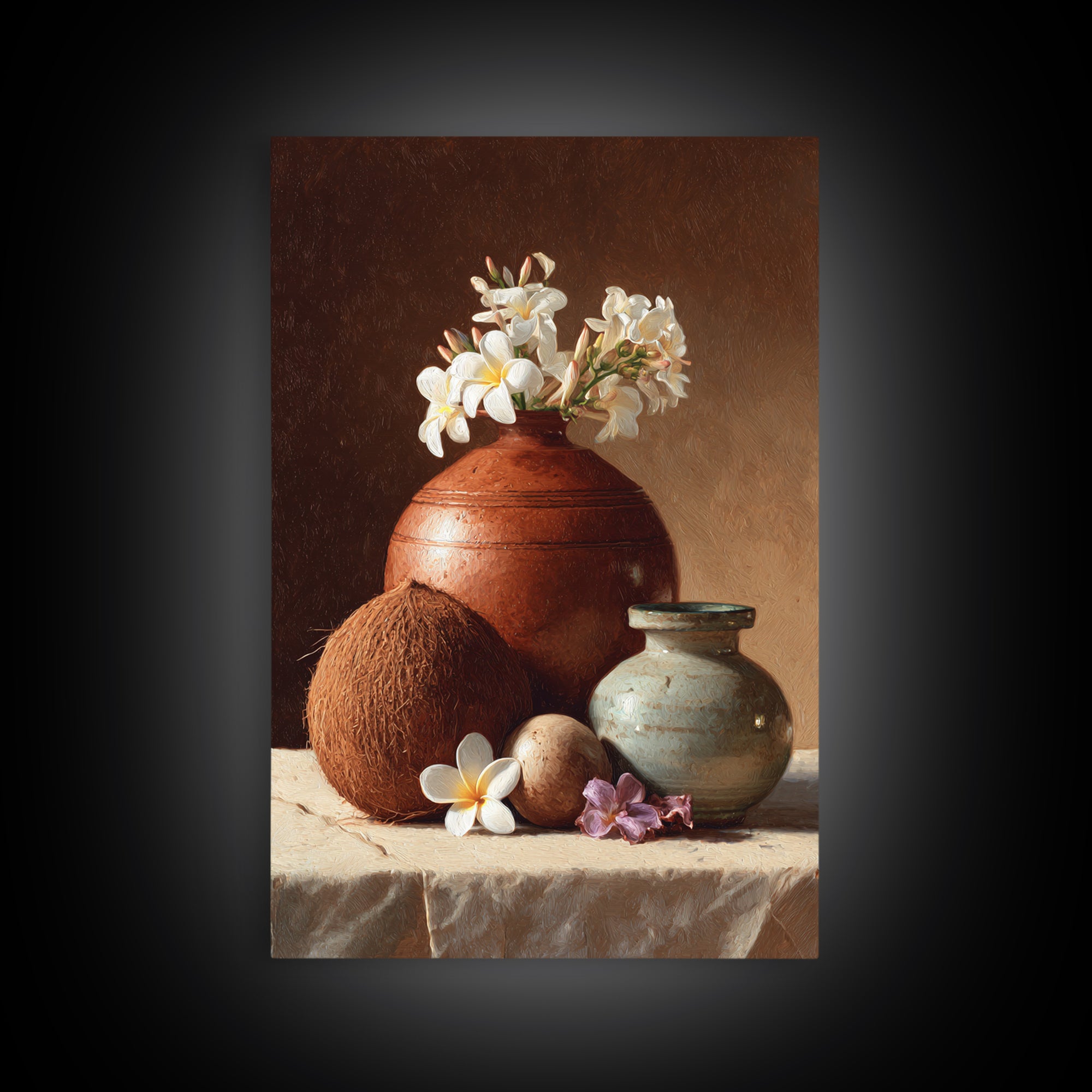 Coconut and Plumeria Still Life Framed Canvas Print, Tropical Art, Watercolor Painting, Living Room Decor, Oil Painting, Tropic, TRO-2x3-20