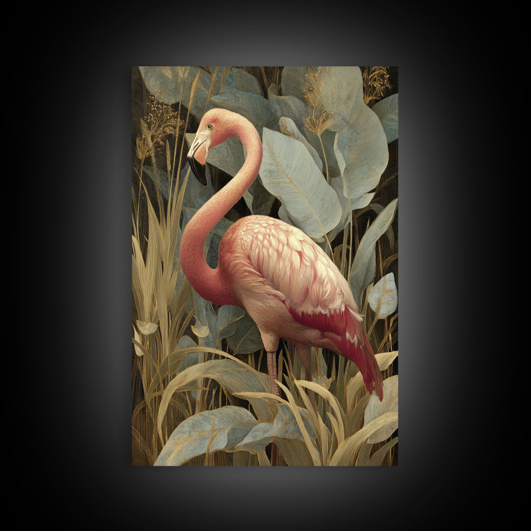 Pink Flamingos Among Tropical Water Plants Framed Canvas Print, Tropical Art, Print, Living Room Decor, Fine Art, Tropic, TRO-2x3-34