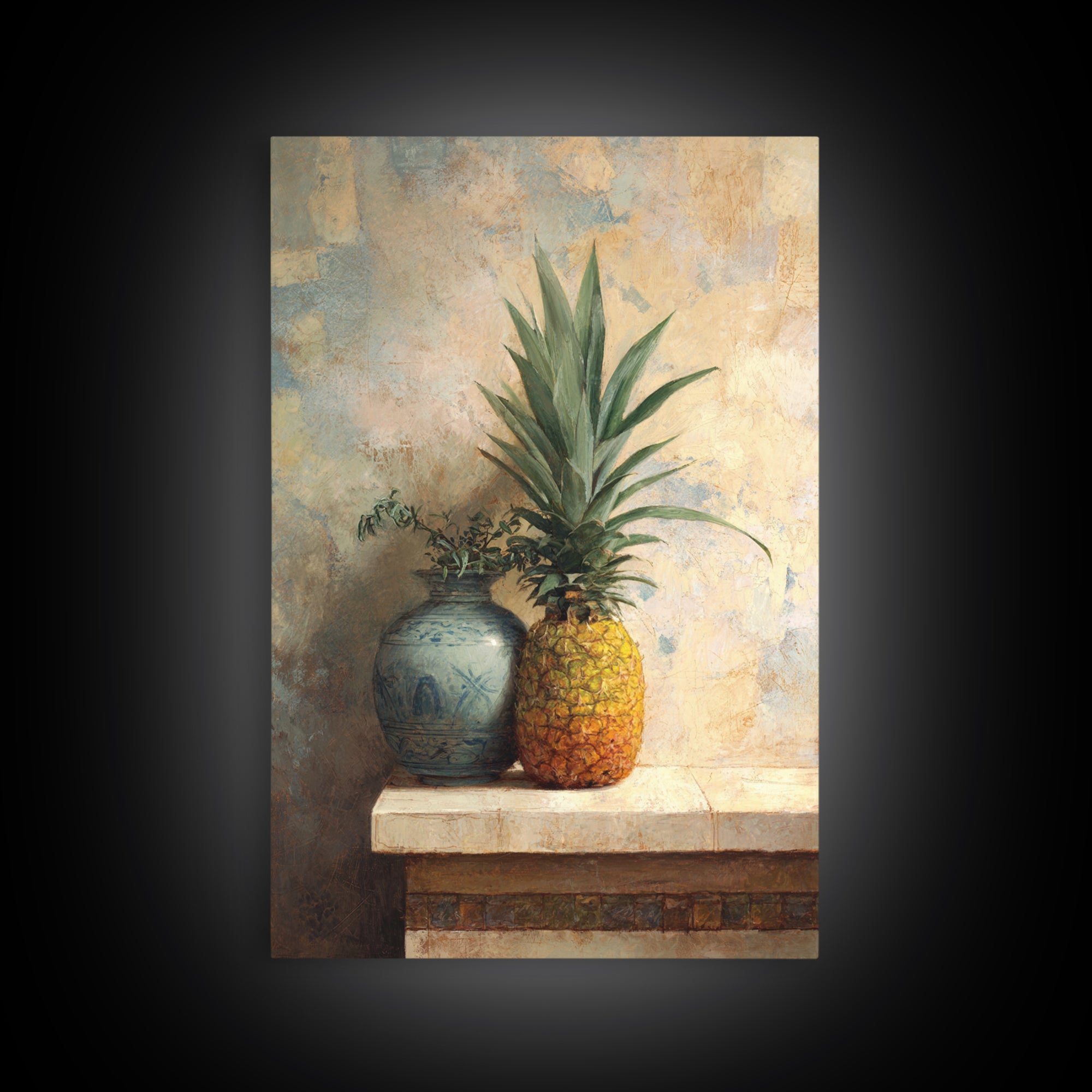 Pineapple and Palm Still Life Framed Canvas Print, Tropical Art, Art Print, Living Room Decor, Tropic, Abstract Painting, TRO-2x3-38