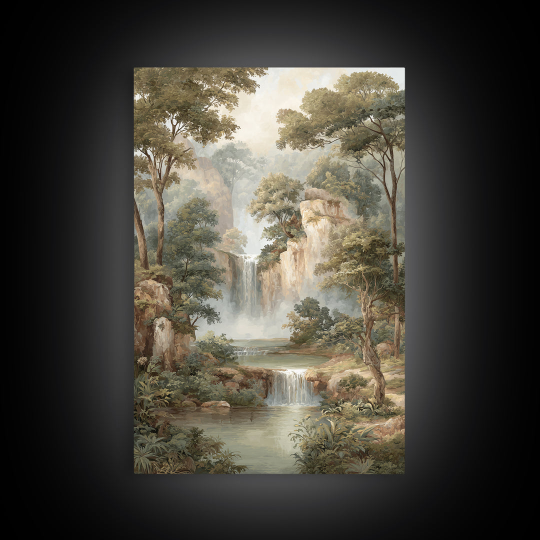 Jungle Waterfall with Misty Light Canvas Print, Tropical Art, Pink Wall Art, Living Room Decor, Fine Art, Tropic, Coastal Art, TRO-2x3-45