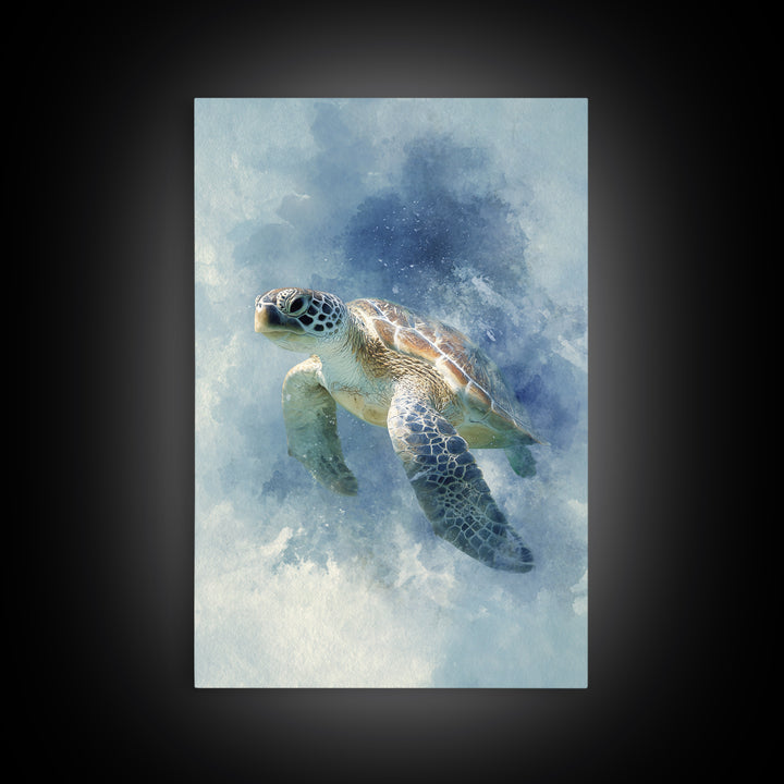 Sea Turtle Near Tropical Reef Framed Canvas Print, Tropical Art, Digital Art, Living Room Decor, Oil Painting, Tropic, TRO-2x3-51