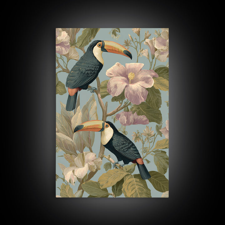 Toucans Surrounded by Bright Jungle Flowers Canvas Print, Tropical Art, Watercolor Painting, Living Room Decor, Tropic, TRO-2x3-59