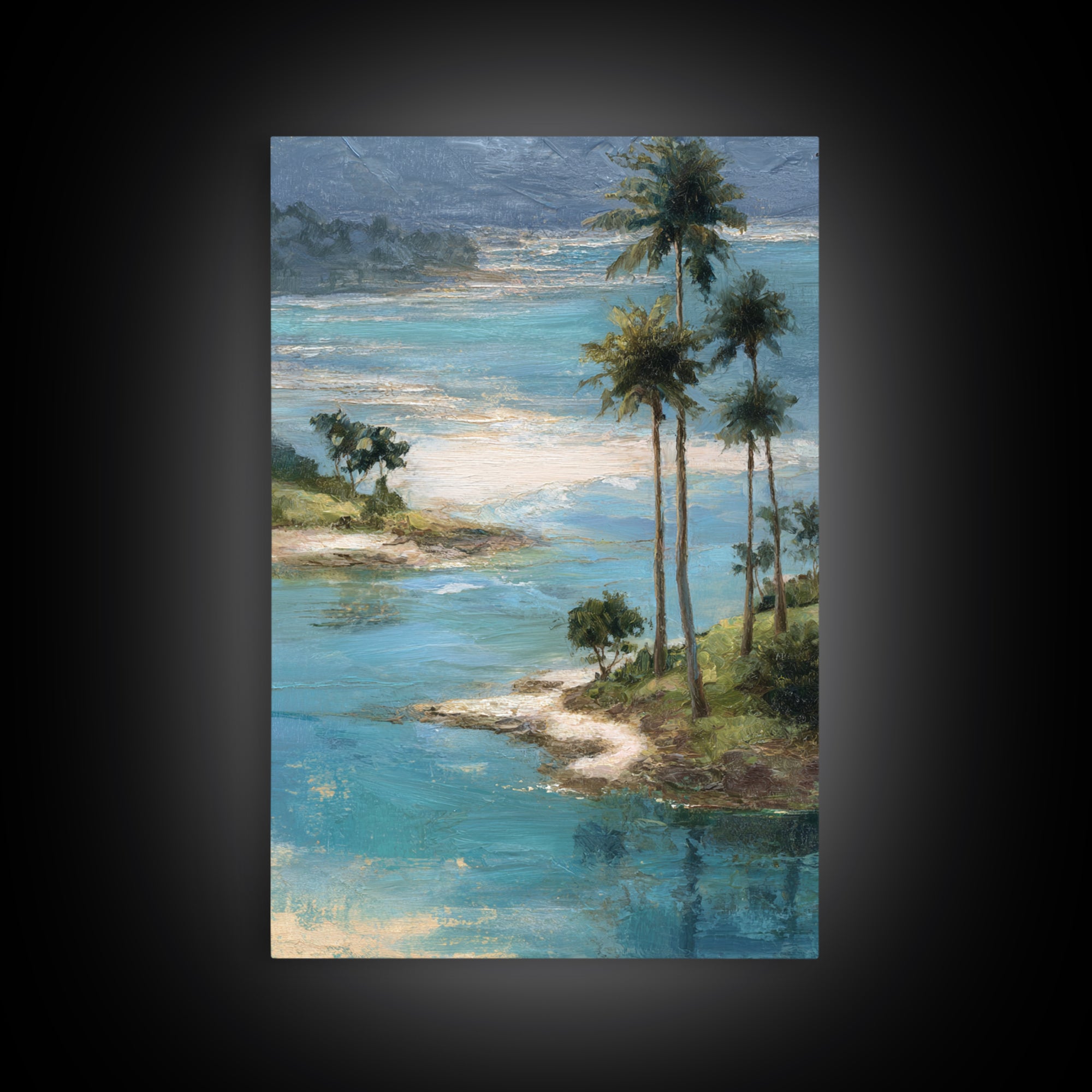 Tropical Lagoon with Turquoise Water Framed Canvas Print, Tropical Art, Bird Art, Living Room Decor, Watercolor Art, Tropic, TRO-2x3-63
