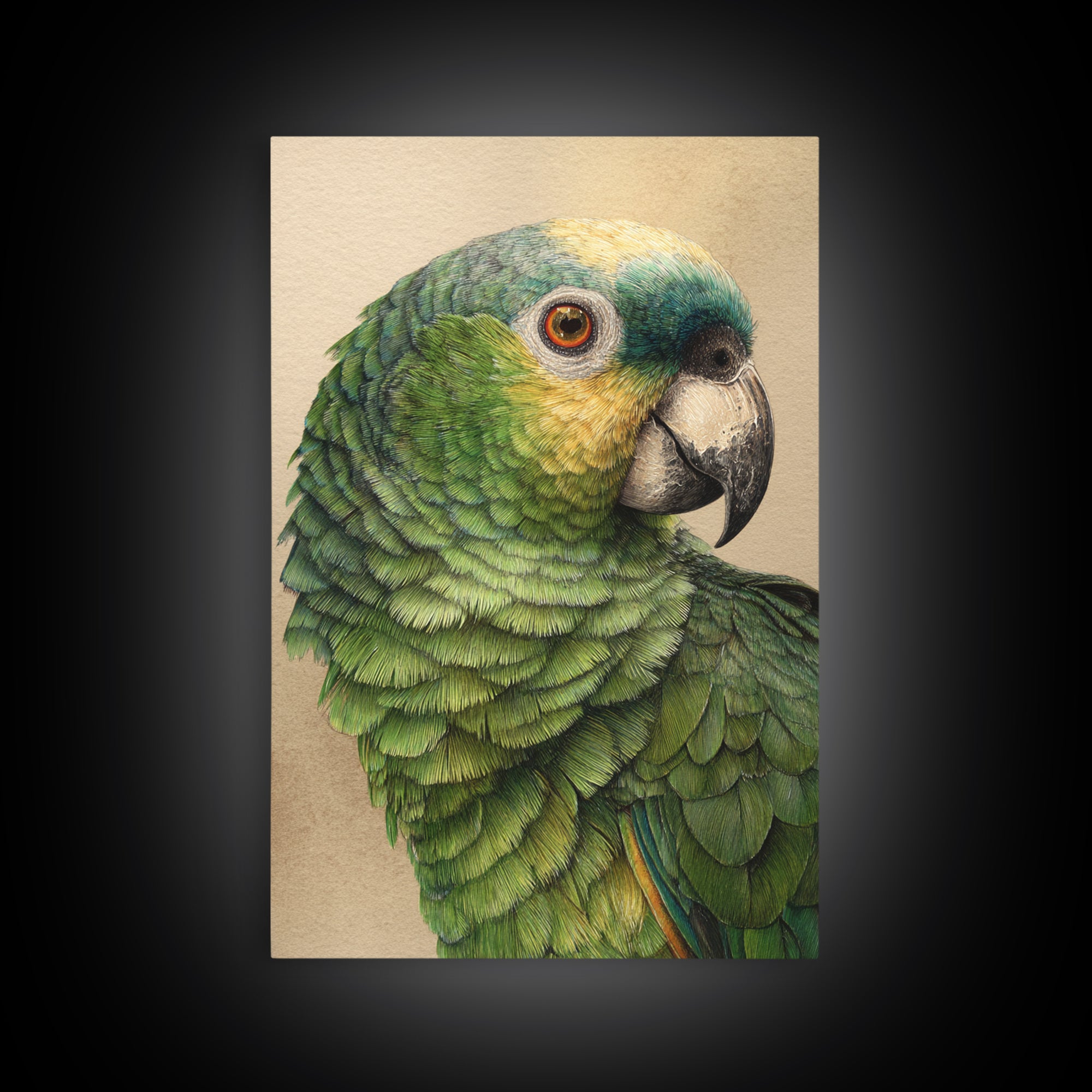 Parrot Portrait with Emerald Feathers Framed Canvas Print, Tropical Art, Print, Living Room Decor, Oil Painting, Tropic, TRO-2x3-64