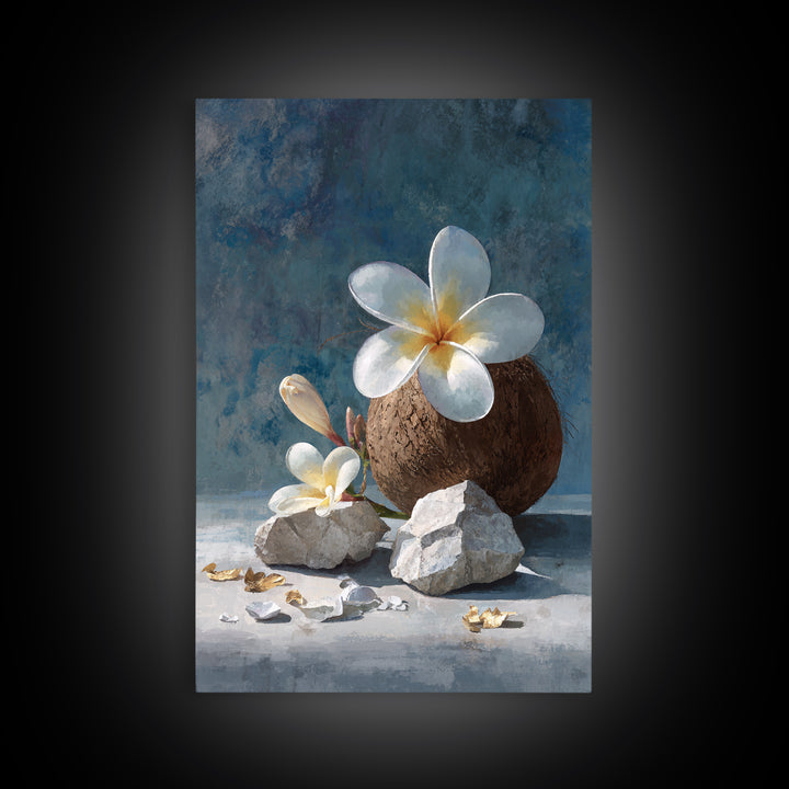 Coconut and Plumeria Still Life Framed Canvas Print, Tropical Art, Coastal Wall Art, Living Room Decor, Fine Art, Tropic, TRO-2x3-68