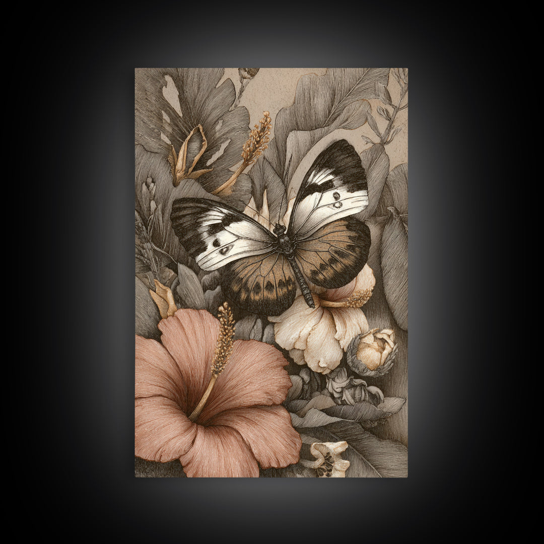 Tropical Butterfly and Flower Study Canvas Print, Tropical Art, Fine Art Print, Living Room Decor, Watercolor Art, Tropic, TRO-2x3-7