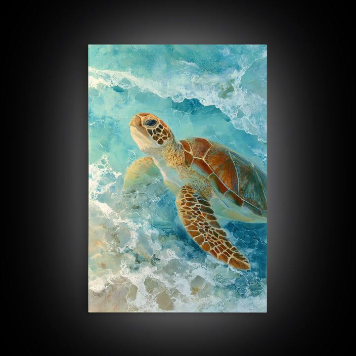 Sea Turtle Near Tropical Reef Framed Canvas Print, Tropical Art, Abstract Painting, Living Room Decor, Fine Art, Tropic, TRO-2x3-75