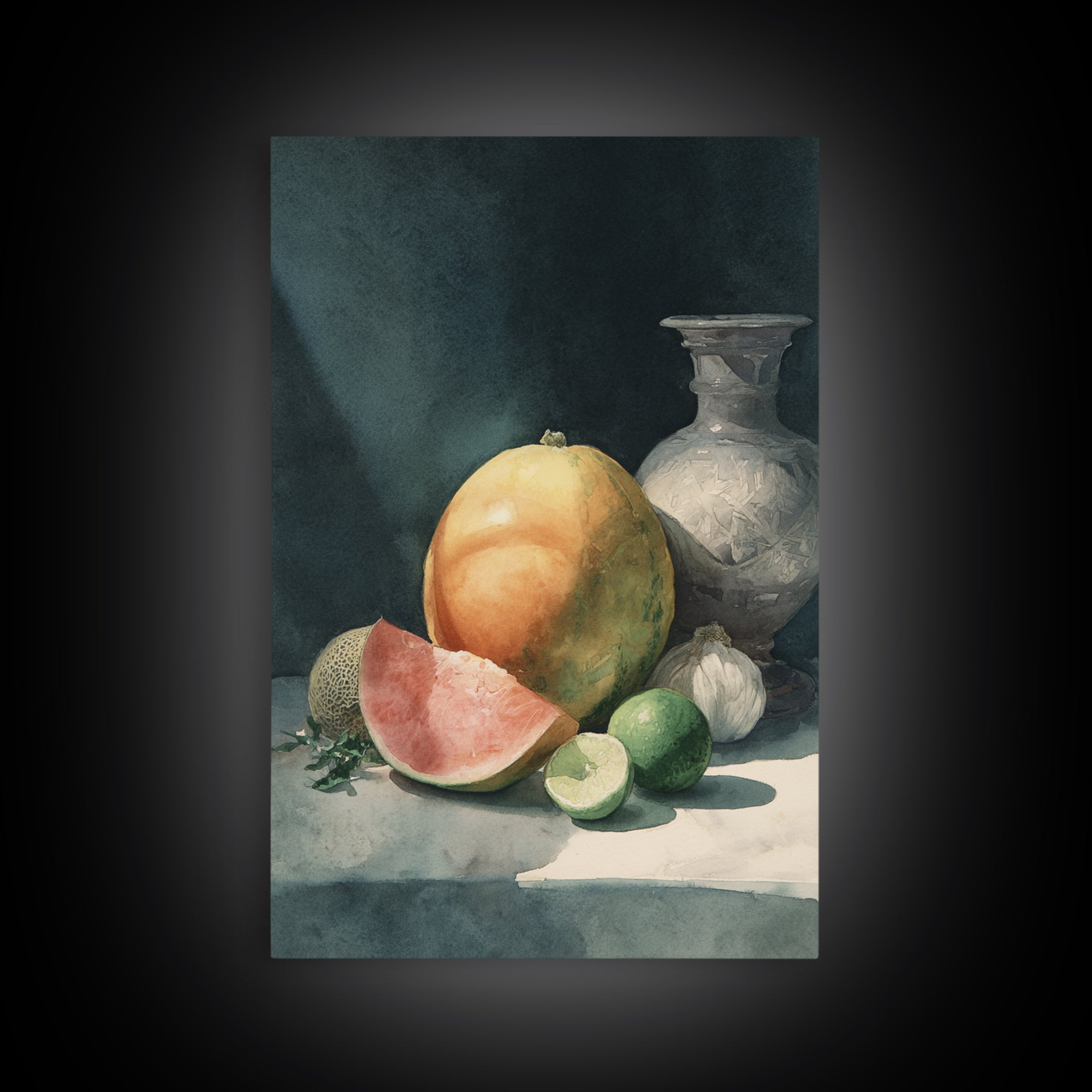 Bright Papaya and Lime Still Life Framed Canvas Print, Tropical Art, Botanical Art, Living Room Decor, Oil Painting, Tropic, TRO-2x3-8