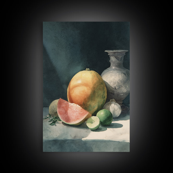 Bright Papaya and Lime Still Life Framed Canvas Print, Tropical Art, Botanical Art, Living Room Decor, Oil Painting, Tropic, TRO-2x3-8