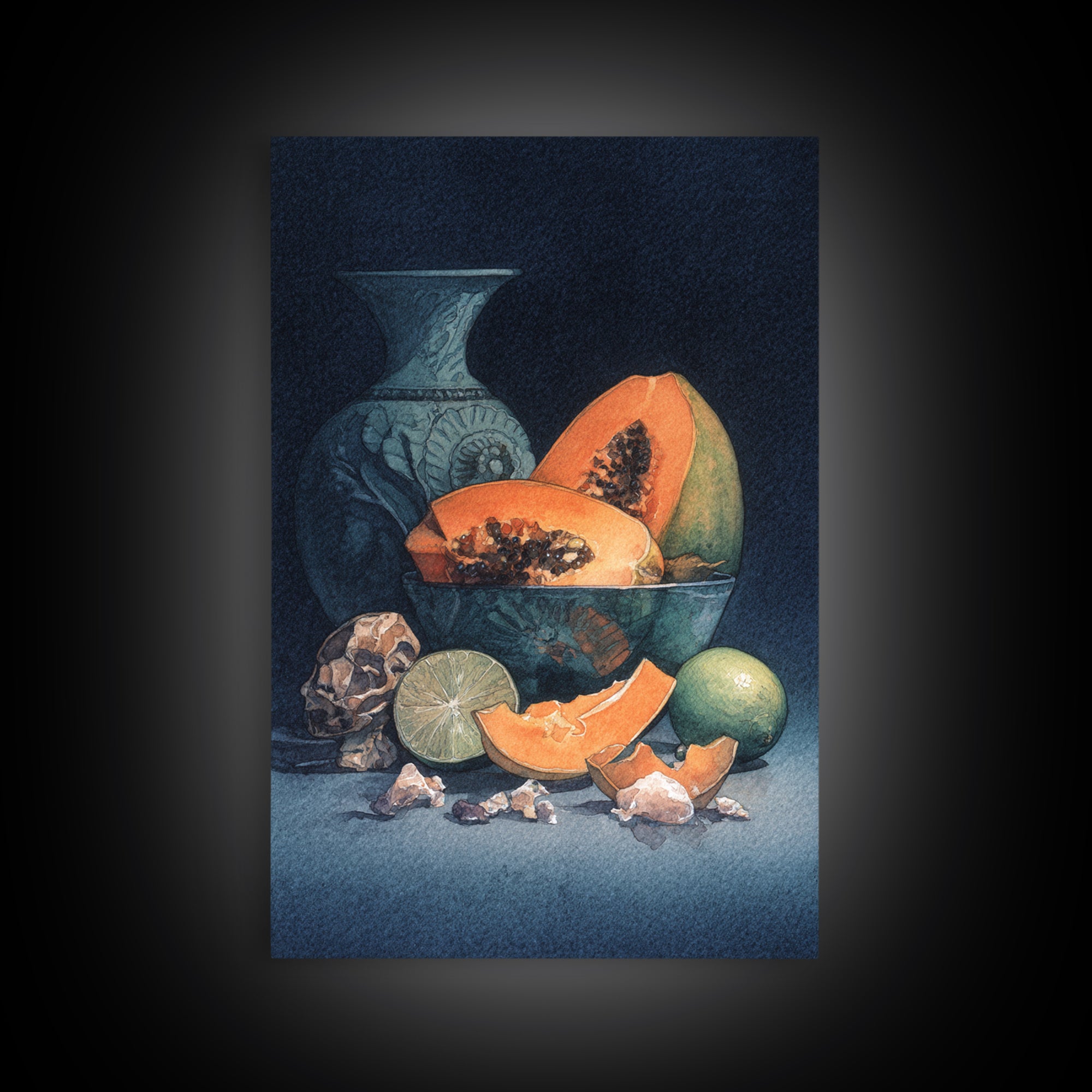 Bright Papaya and Lime Still Life Framed Canvas Print, Tropical Art, Living Room Decor, Watercolor Art, Tropic, TRO-2x3-80