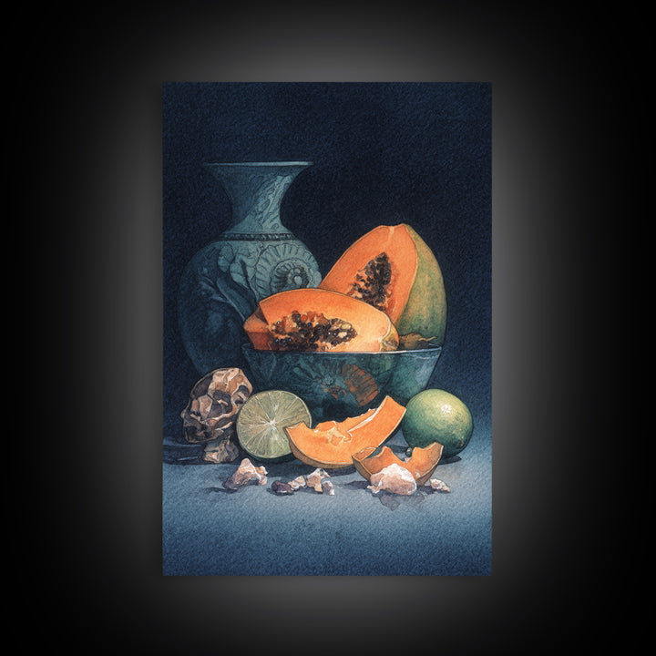 Bright Papaya and Lime Still Life Framed Canvas Print, Tropical Art, Living Room Decor, Watercolor Art, Tropic, TRO-2x3-80