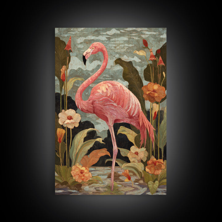 Pink Flamingos Among Tropical Water Plants Canvas Print, Tropical Art, Digital Print, Living Room Decor, Fine Art, Tropic, TRO-2x3-82